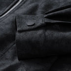 Close-up of a black jacket with a buttoned pocket