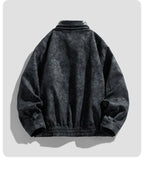 Black denim jacket on a white background