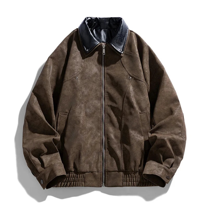 Brown jacket with a black collar on a white background
