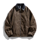 Brown jacket with a black collar on a white background