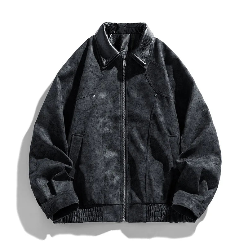 Dark gray jacket with leather collar on a white background