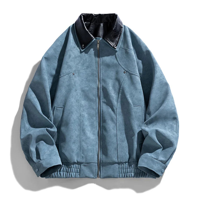 Blue jacket with black collar on a white background