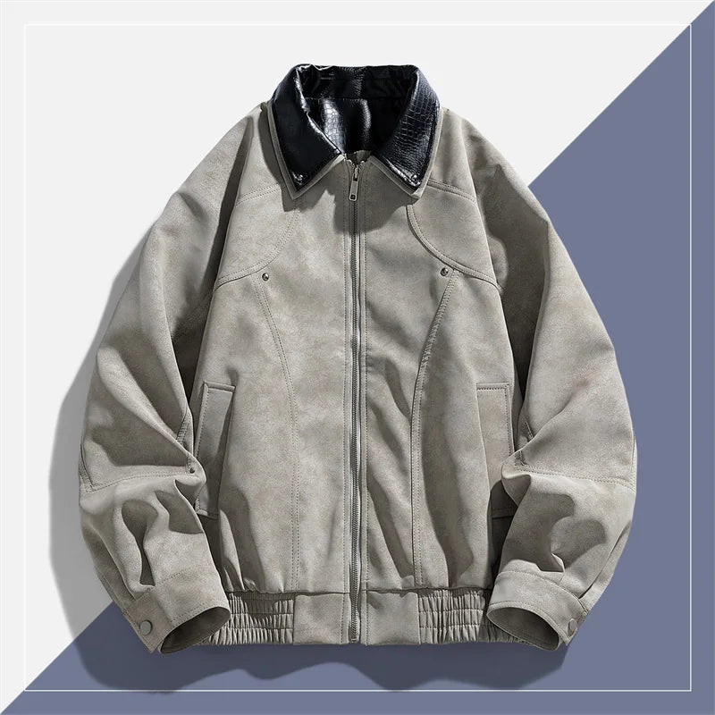 Gray jacket with black collar on a light gray background