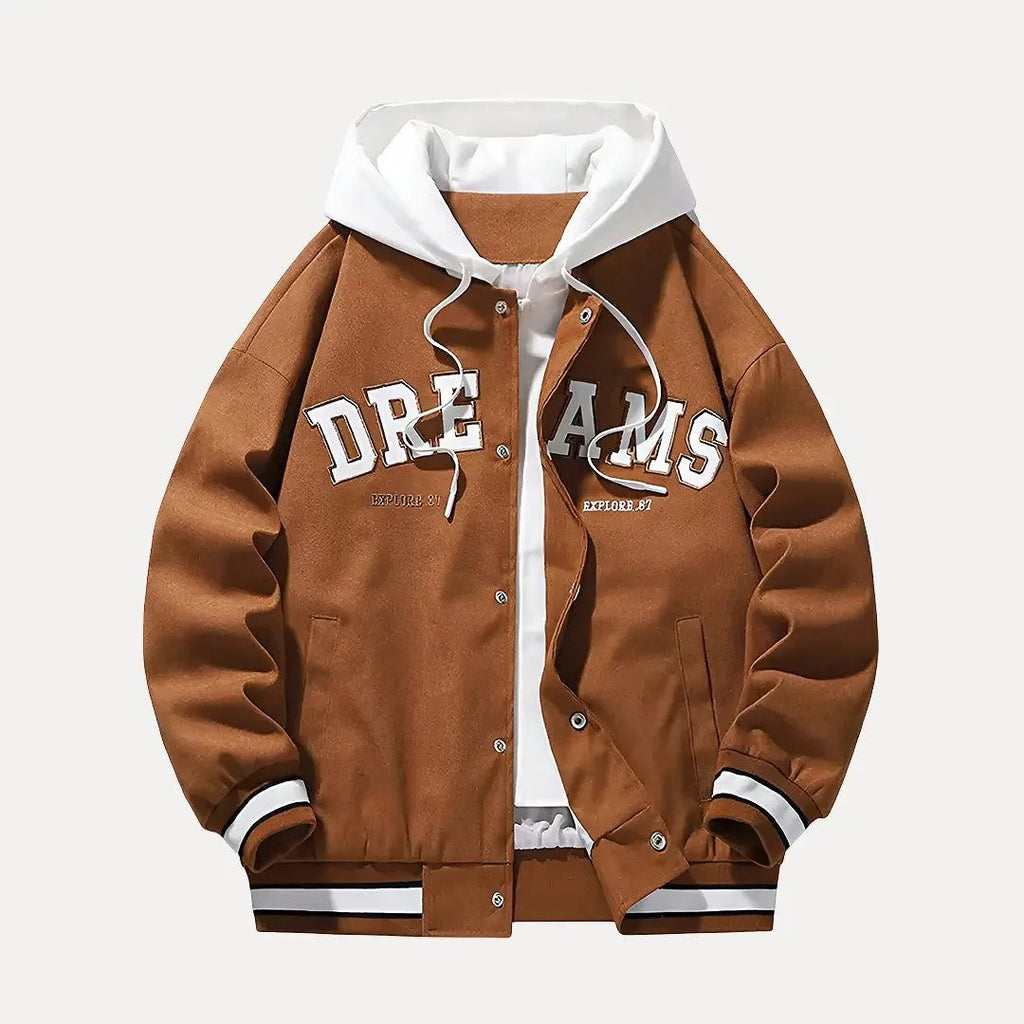 Brown jacket with white hoodie and 'DREAMS' text on a light gray background
