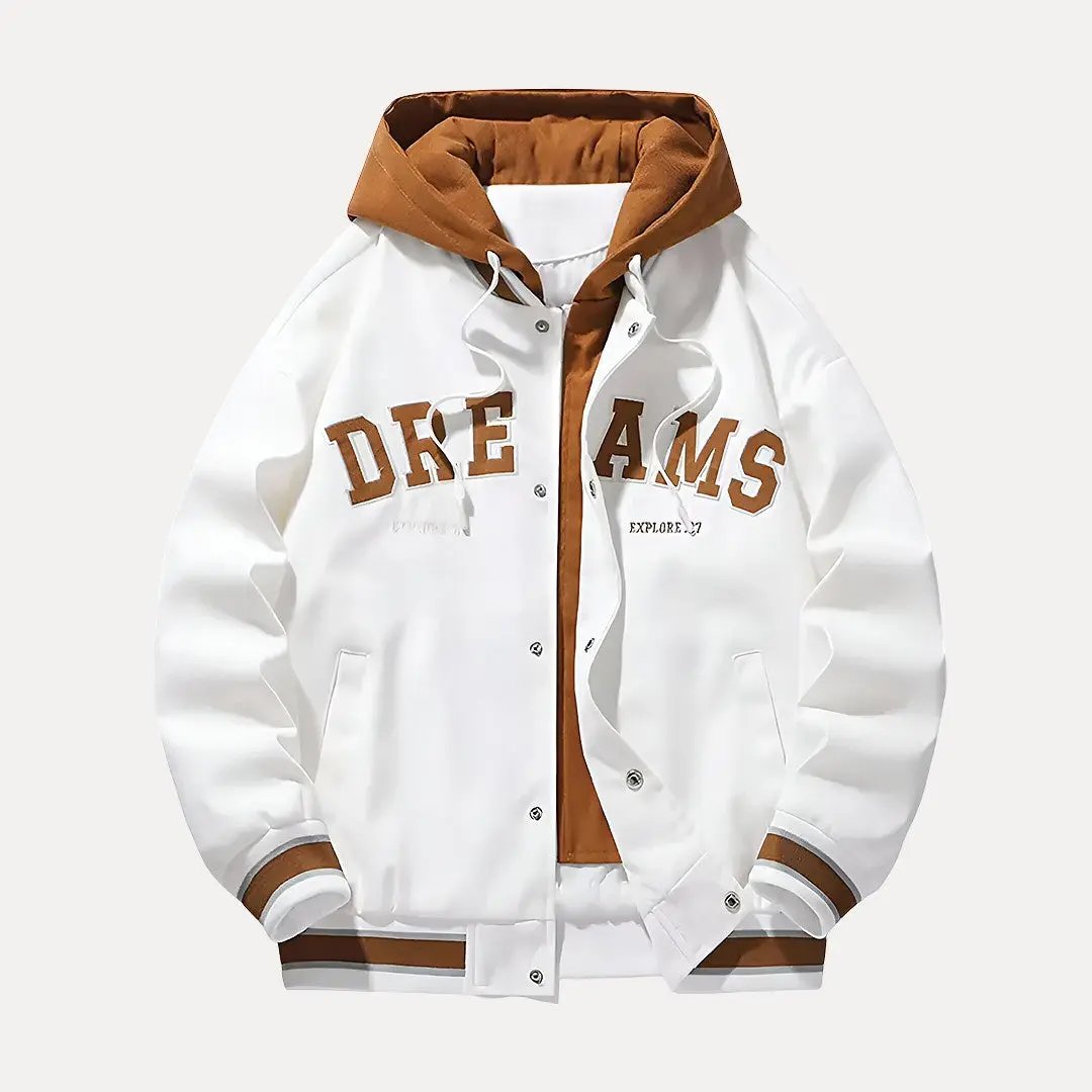 White varsity jacket with brown accents and 'DREAMS' text on a white background