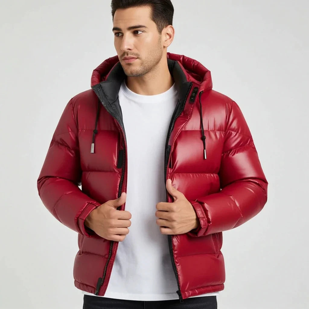 Man wearing a red puffer jacket on a white background