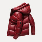 Red puffer jacket on a light gray background