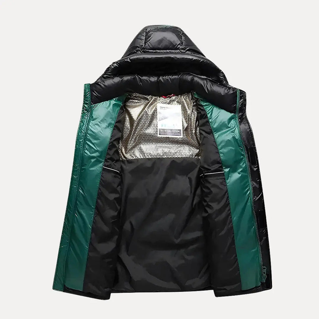 Black and green jacket with a hood on a white background