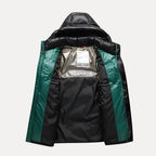 Black and green jacket with a hood on a white background