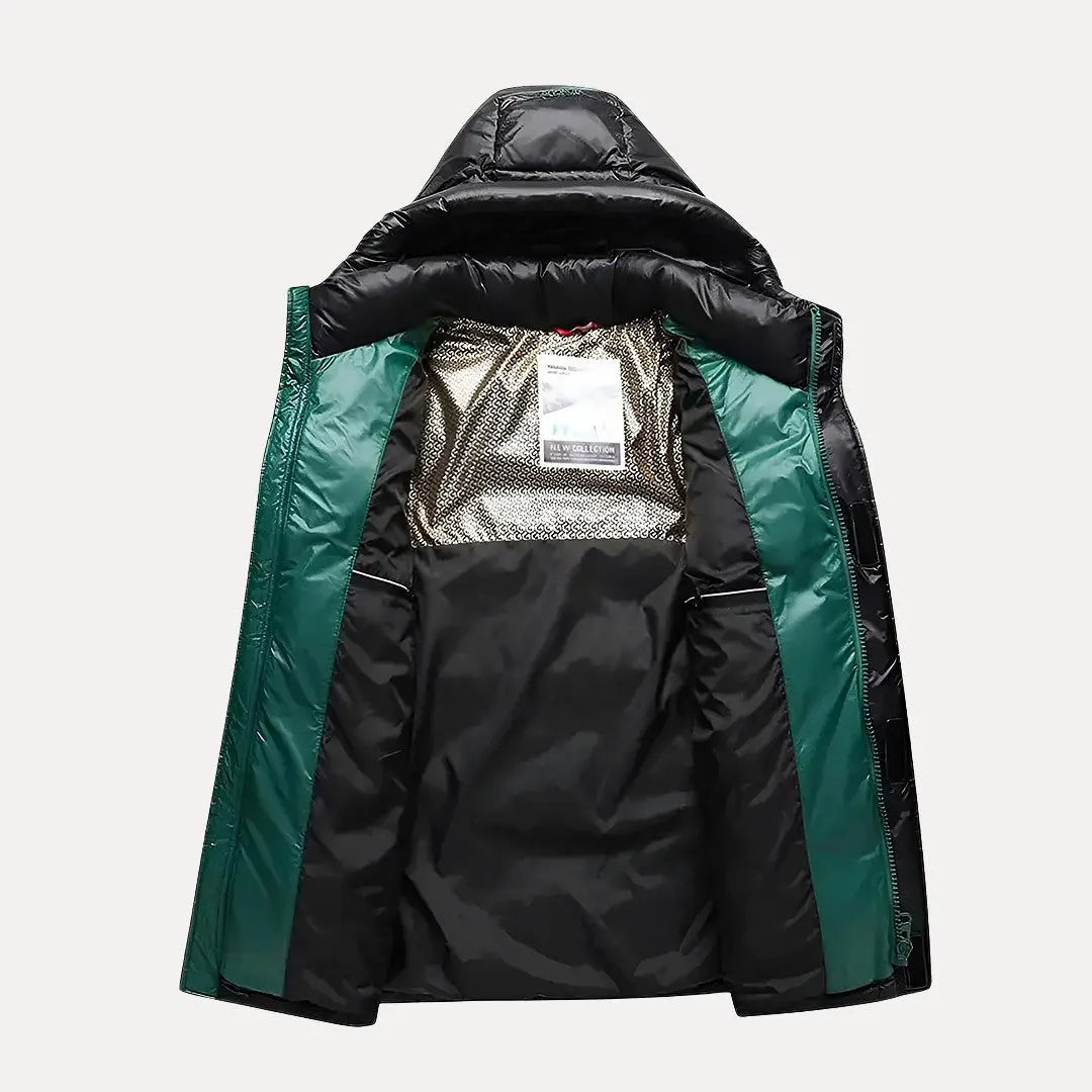 Black and green jacket with a hood on a white background