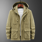 Khaki jacket with multiple pockets on a gray background