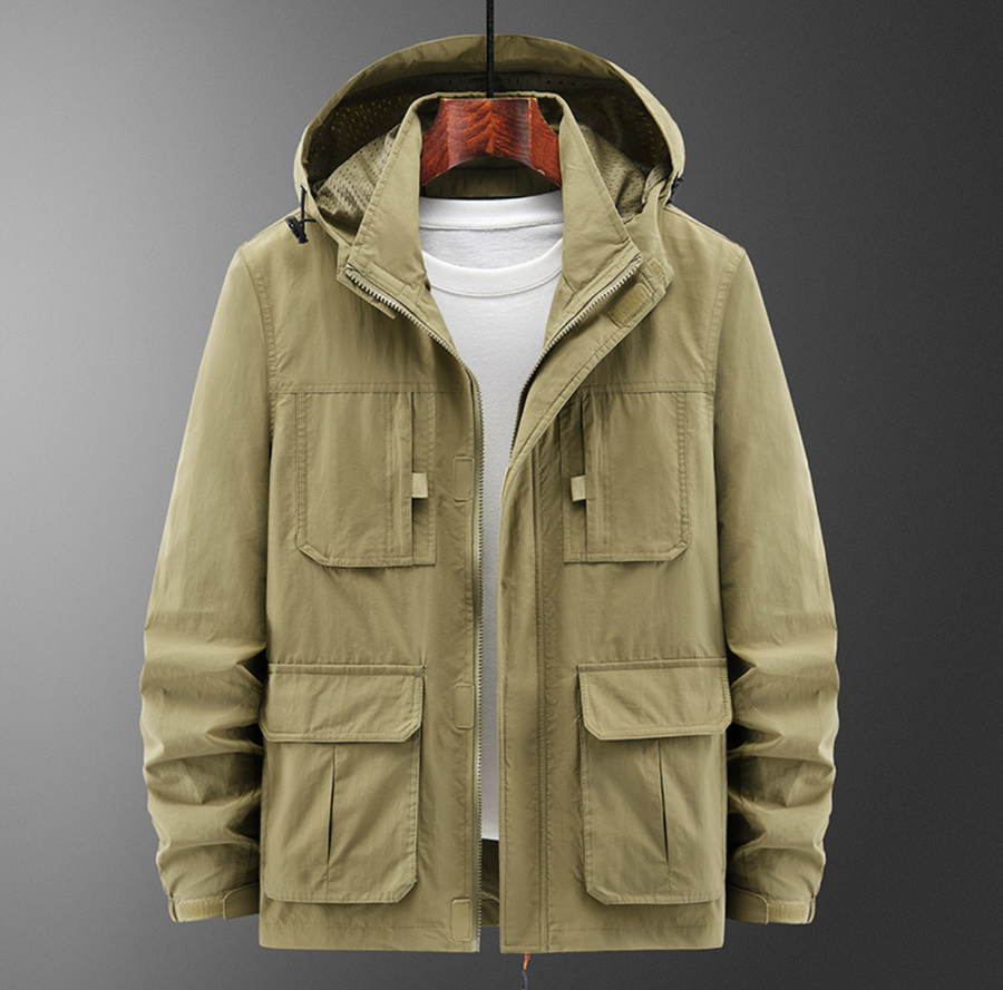Khaki jacket with multiple pockets on a gray background
