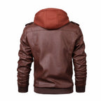 Brown leather jacket with a hood on a white background