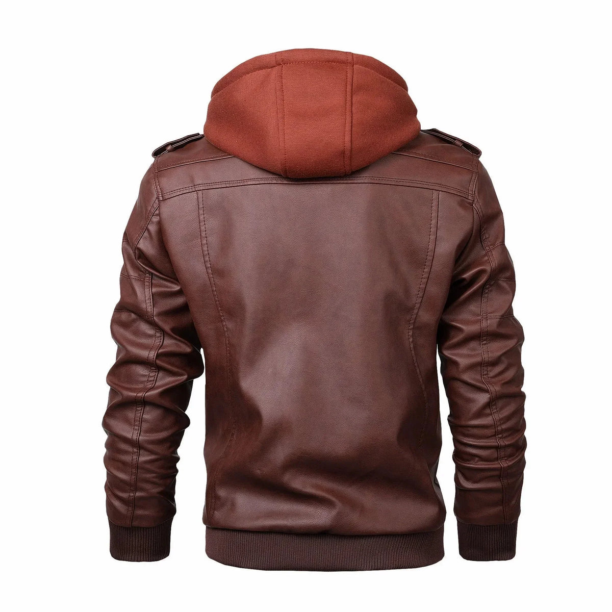 Brown leather jacket with a hood on a white background