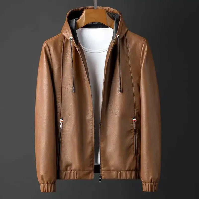Brown leather jacket on a mannequin against a dark background