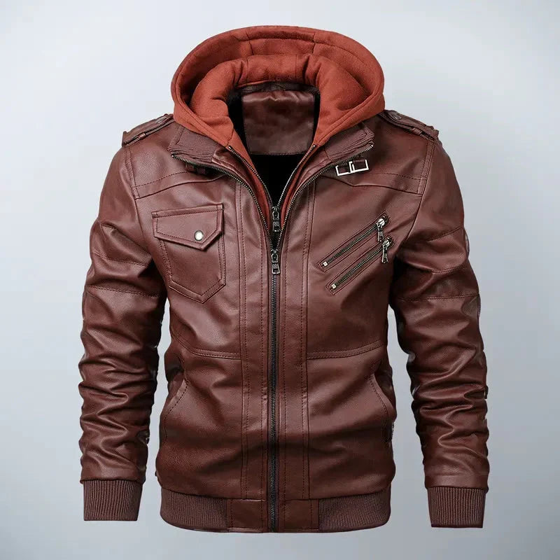 Brown leather jacket with a hood on a light gray background