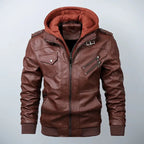 Brown leather jacket with a hood on a light gray background