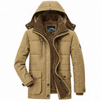 Brown winter jacket with a hood on a white background