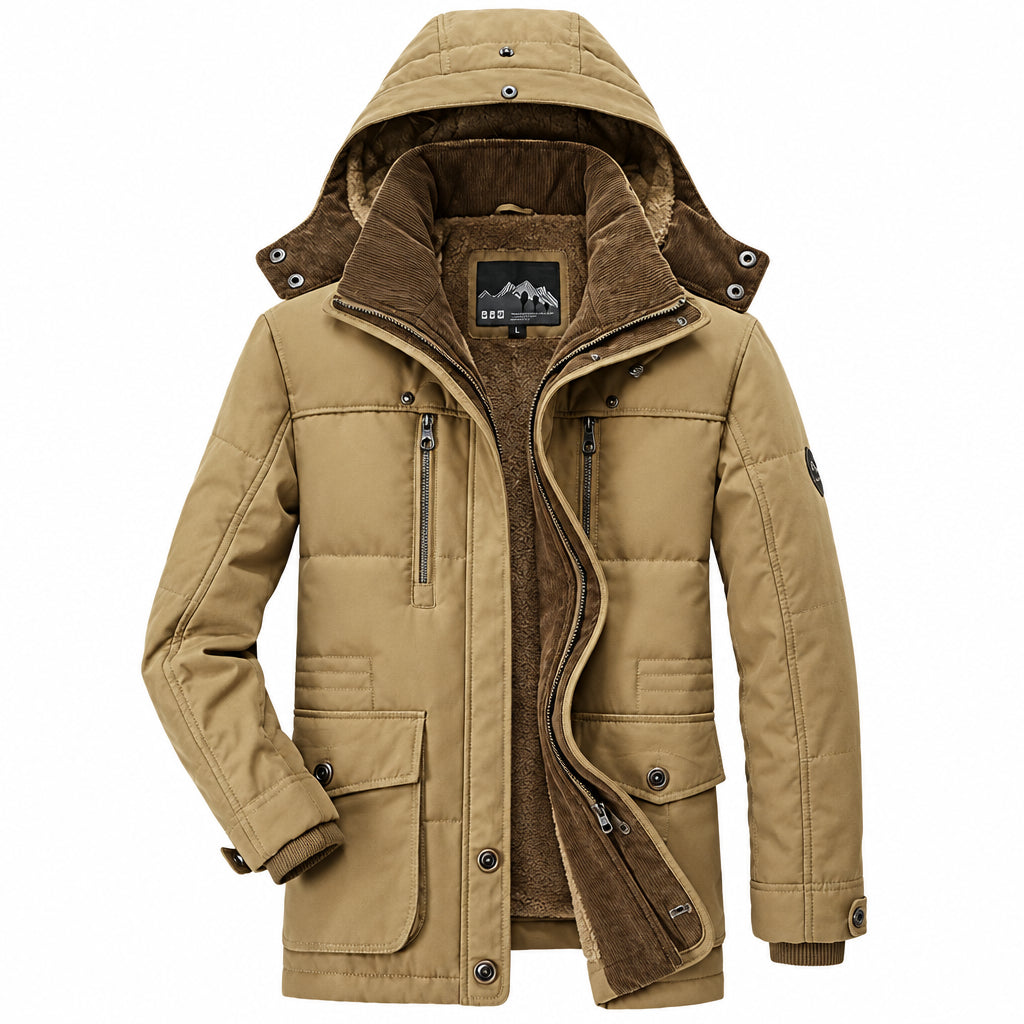 Brown winter jacket with a hood on a white background
