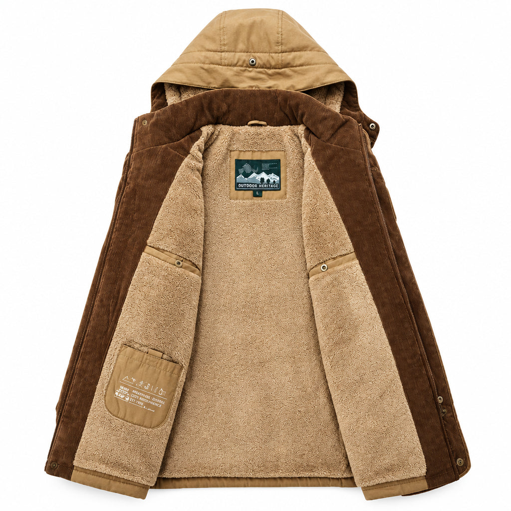 Brown hooded jacket with a patch on the back on a white background