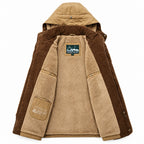 Brown hooded jacket with a patch on the back on a white background