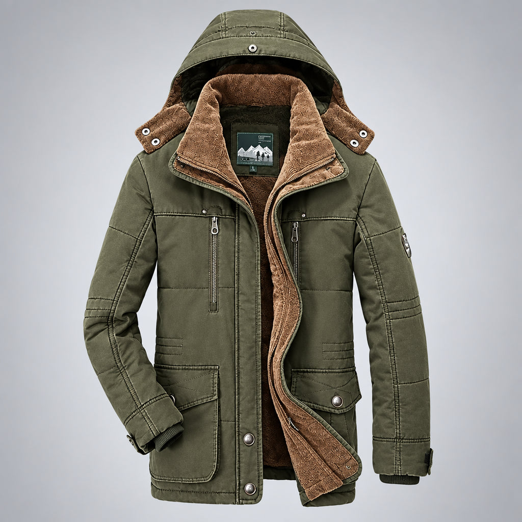Green winter jacket with brown fur lining on a gray background