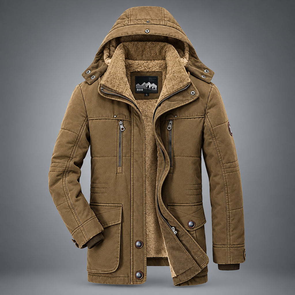 Brown winter coat with a hood on a gray background