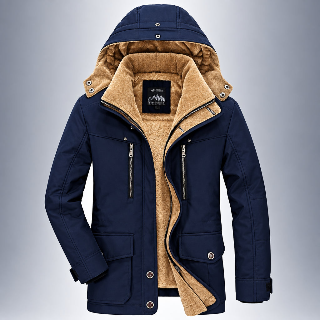 Navy blue winter coat with brown fur lining on a gray background