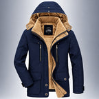 Navy blue winter coat with brown fur lining on a gray background