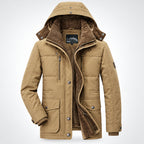 Brown winter jacket with fur-lined hood on a gray background