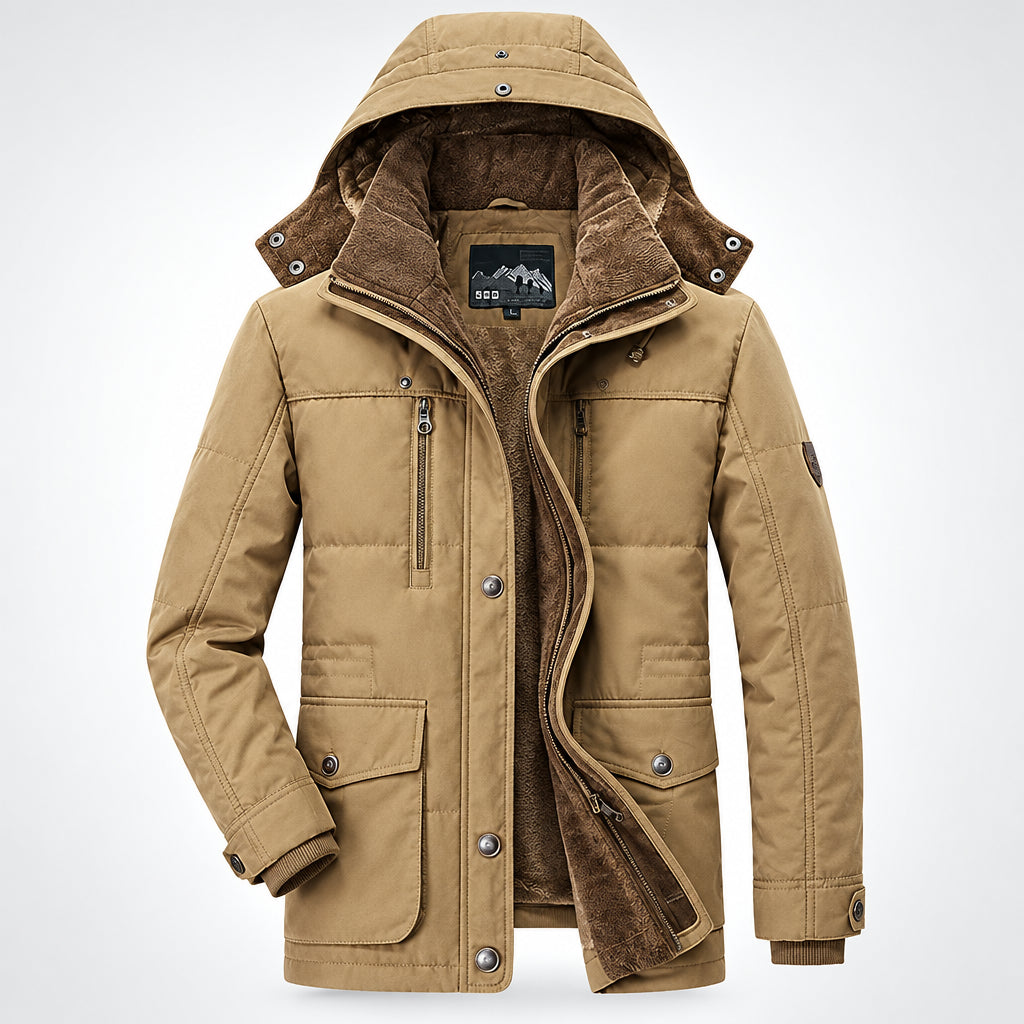 Brown winter jacket with fur-lined hood on a gray background