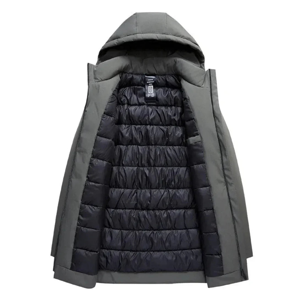 A hooded puffer coat shown open against a plain white background, with a dark gray exterior and a black quilted interior lining.