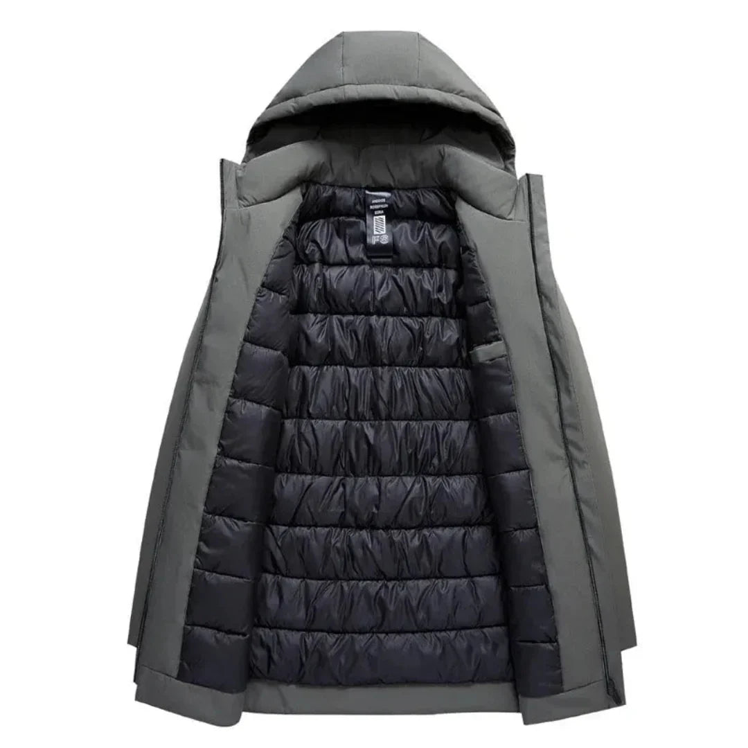 A hooded puffer coat shown open against a plain white background, with a dark gray exterior and a black quilted interior lining.