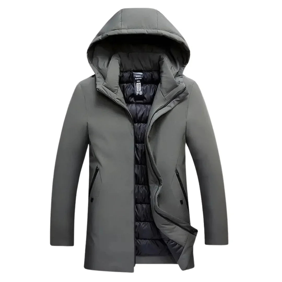 Gray hooded coat with black lining on a white background
