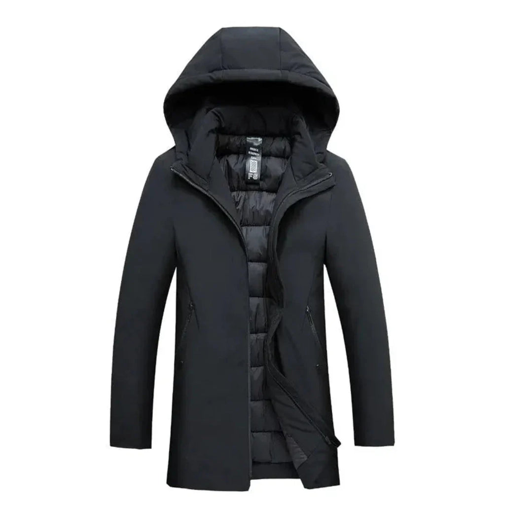 A black hooded winter coat with a padded quilted lining, shown open against a plain white background.