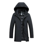 A black hooded winter coat with a padded quilted lining, shown open against a plain white background.