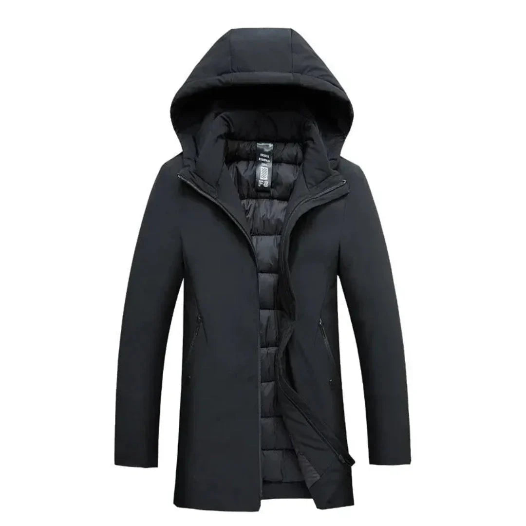 A black hooded winter coat with a padded quilted lining, shown open against a plain white background.