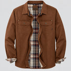 Brown jacket with plaid lining on a white background