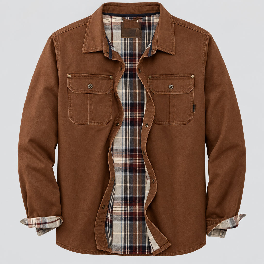 Brown jacket with plaid lining on a white background