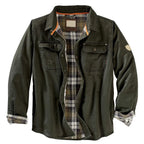Green jacket with plaid shirt underneath on a white background