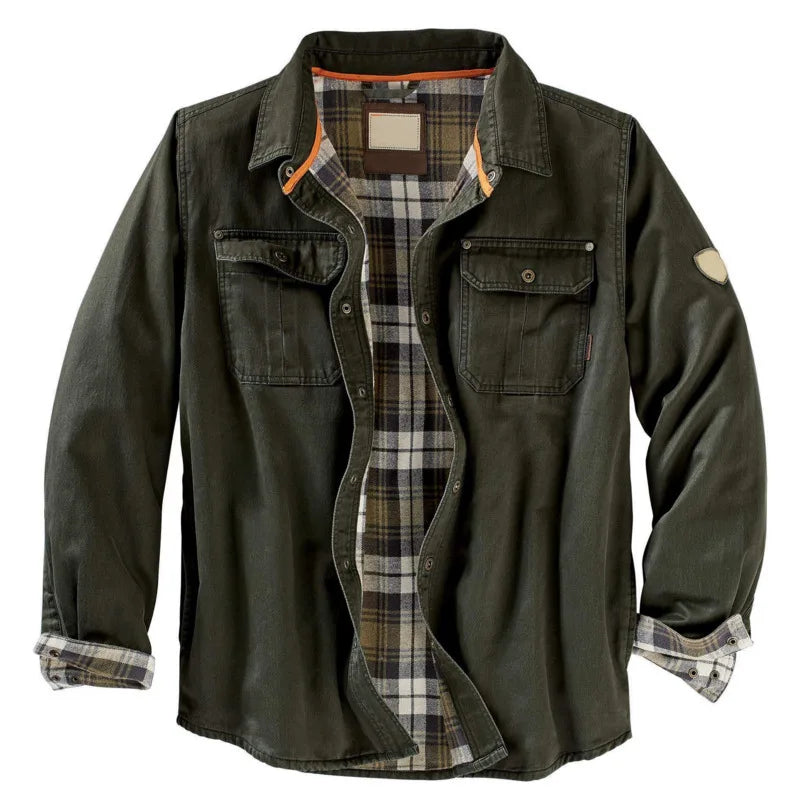 Green jacket with plaid shirt underneath on a white background