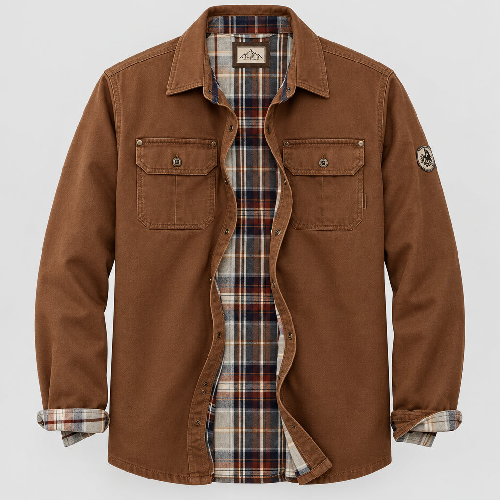 Brown jacket with plaid lining on a white background