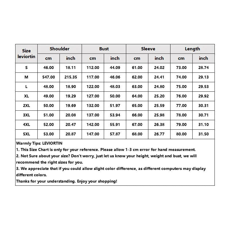 Size chart for clothing measurements in centimeters and inches with LEVORTIN branding.
