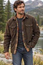 A man wearing a brown overshirt over a plaid shirt and dark gray t-shirt, standing outdoors in a mountain and lake setting.
