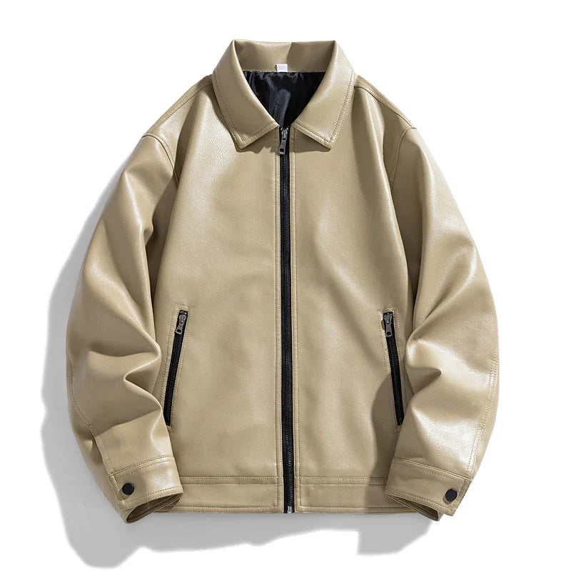 Beige leather jacket with black zipper on a white background