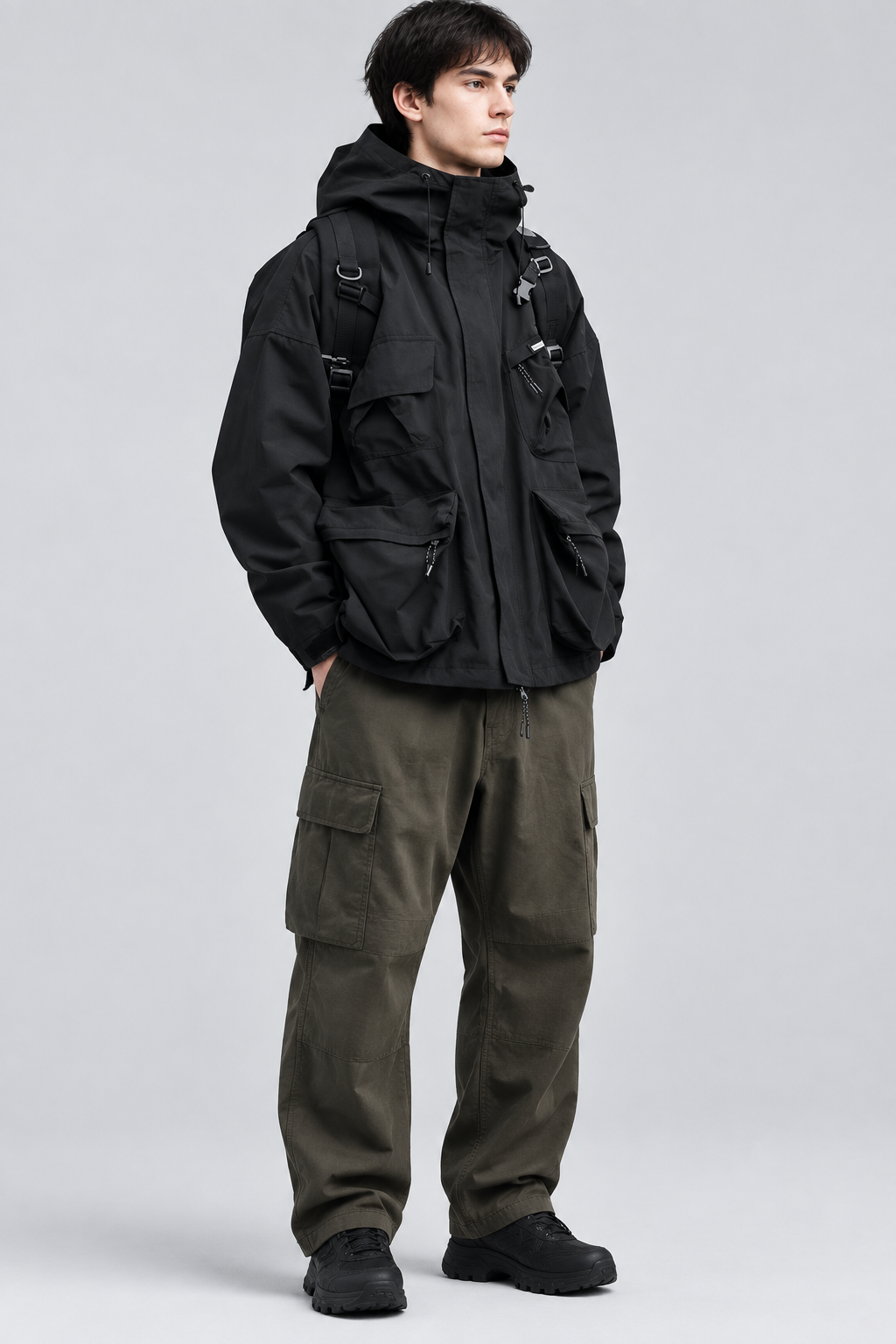 Person wearing a black jacket with multiple pockets on a plain background
