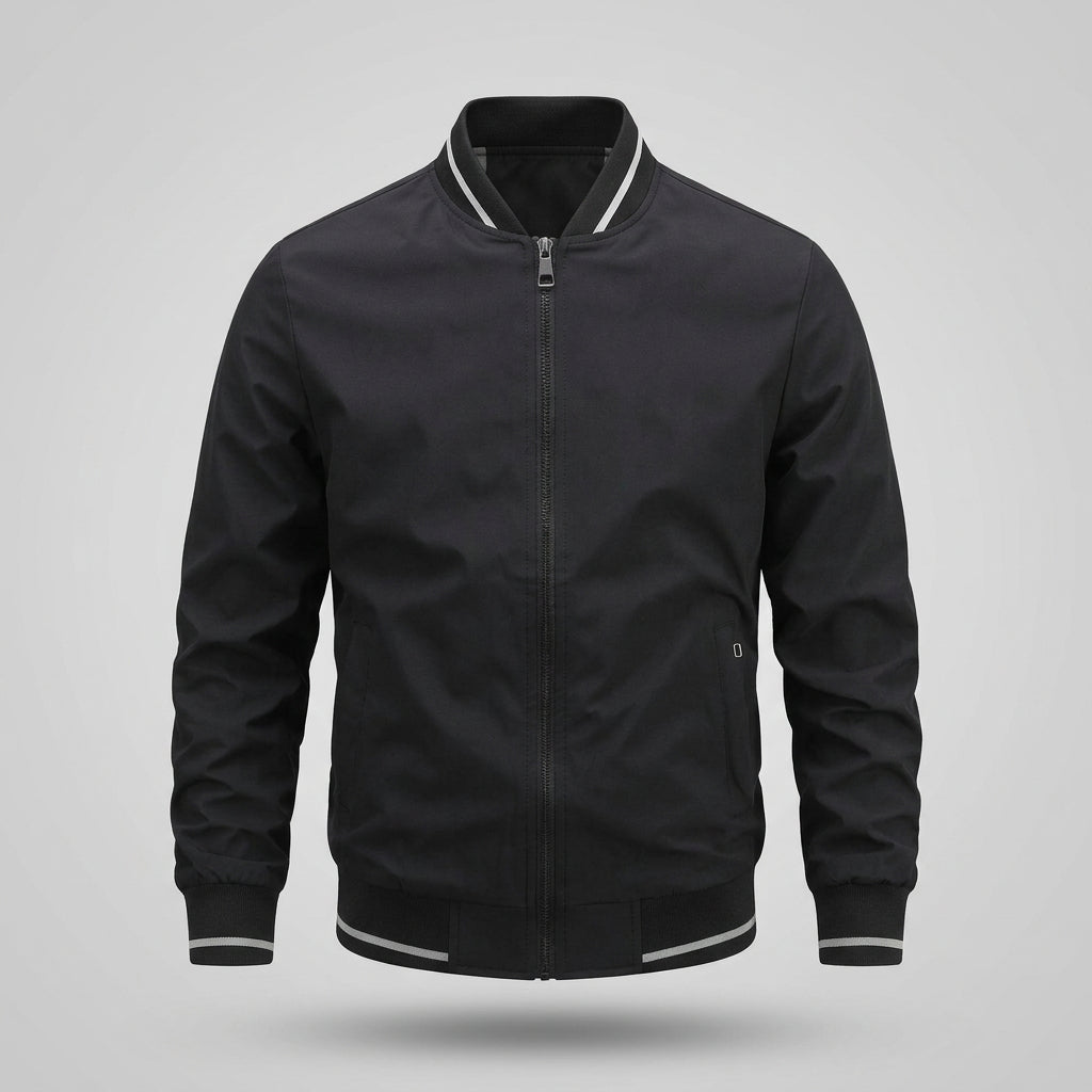 Black bomber jacket on a light gray background