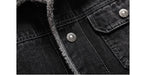Close-up of a black denim jacket with button details on a white background