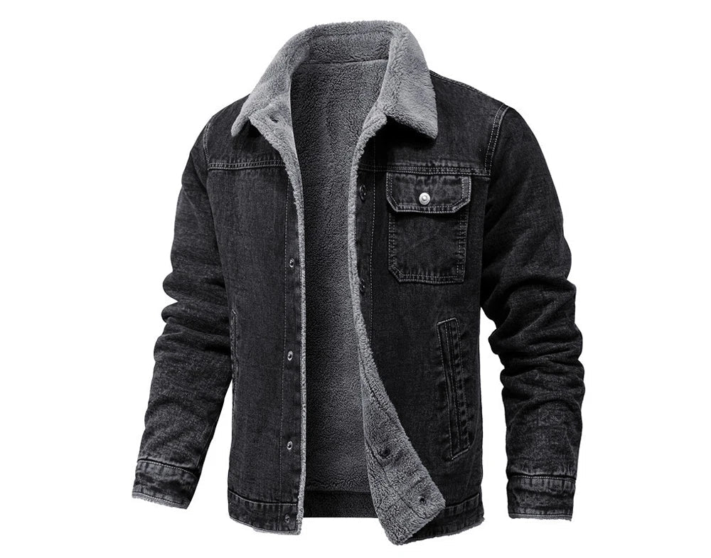 Denim jacket with gray fleece lining on a white background