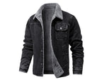 Denim jacket with gray fleece lining on a white background